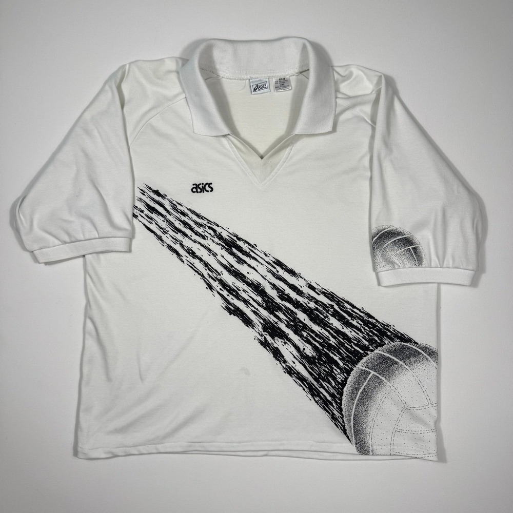 Vintage Asics Volleyball Jersey Mens XXL White Black Graphic V-Neck Polo BT-28